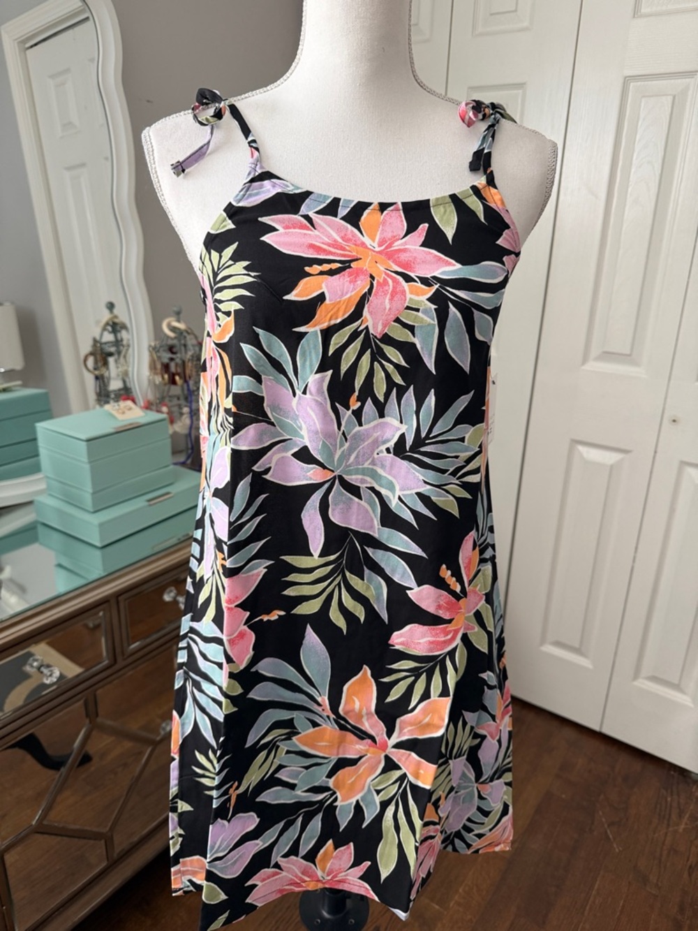 Billa Bong "So Coy Mini" Floral Tie-Shoulder Slip Dress Blk w/ Pastel Blooms XS